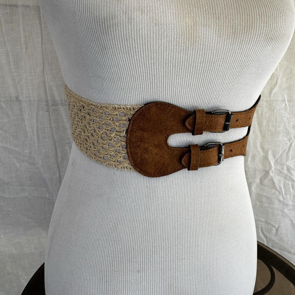 Boho Stretch Woven Crochet Belt Brown Faux Suede Double Buckle Corset 24-40 Inch